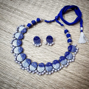 "Meena" - Blue and Silver Fish 🐟 Terracotta Neckset.