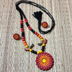 "Suhasini" - Multi Coloured Floral Pendant with Bird Charms Terracotta Neckset.